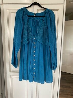 Free People Teal Blue Midi Dress with Lace Bodice